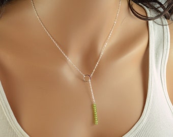 Simple Silver Lariat Necklace, Peridot Necklace, Lime Green, Sterling Silver, Modern Gemstone Jewelry, Made to Order, Free Shipping