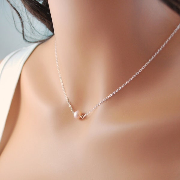 Simple Pearl Choker Necklace, Pastel Blush Pink, Real Natural Freshwater Pearl, Sterling Silver Jewelry, Free Shipping