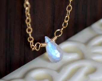 Rainbow Moonstone Necklace, Simple Choker, Dainty Choker Gold, Gemstone Teardrop, Sterling Silver or Gold Moonstone Jewelry