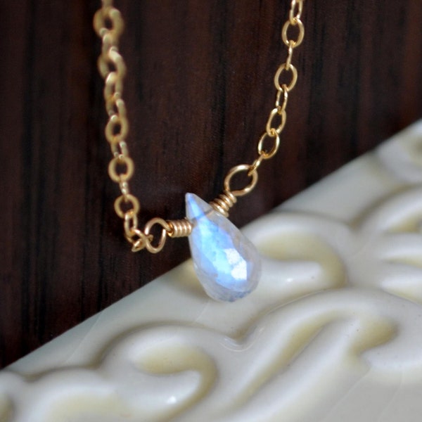 Rainbow Moonstone Necklace, Simple Choker, Dainty Choker Gold, Gemstone Teardrop, Sterling Silver or Gold Moonstone Jewelry