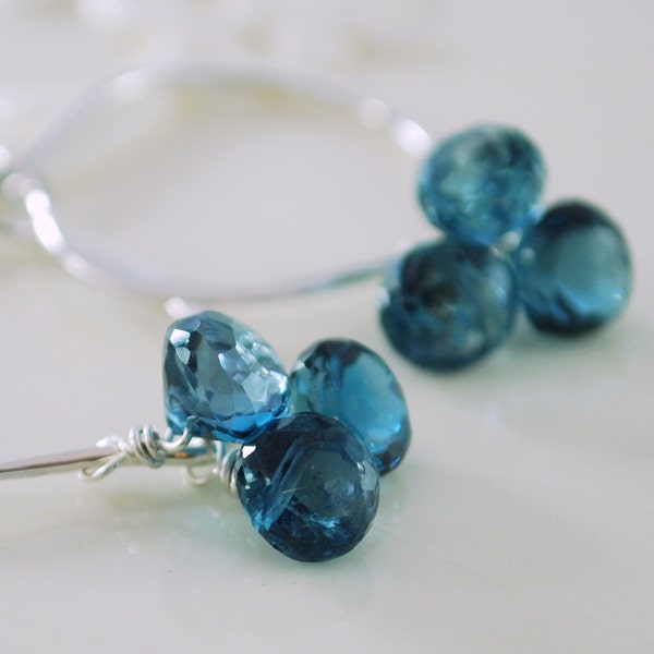 London Blue Topaz Earrings Sterling Silver Lotus Hoops Teal Gemstone Jewelry Complimentary Shipping
