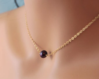 Simple Choker Necklace, Pearl Choker, Single Pearl Necklace Gold, Genuine Freshwater Pearl, Mulberry Wine Burgundy, Gold Filled Jewelry