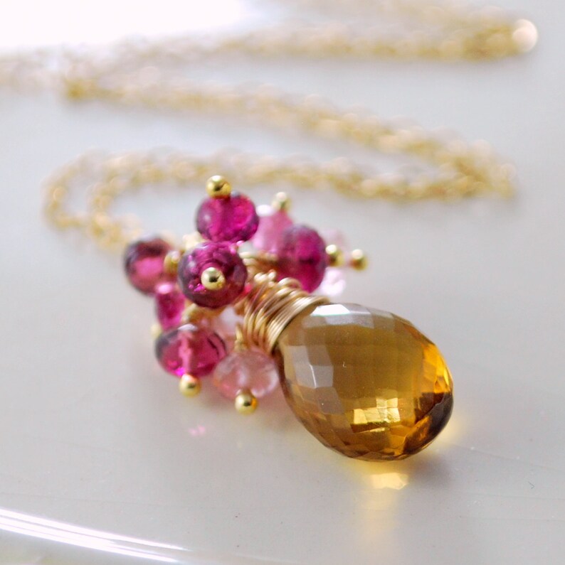 Tourmaline Necklace in Silver or Gold Beer Quartz Real Gemstone Cluster Necklace October Birthstone Jewelry Tourmaline Necklace Pink