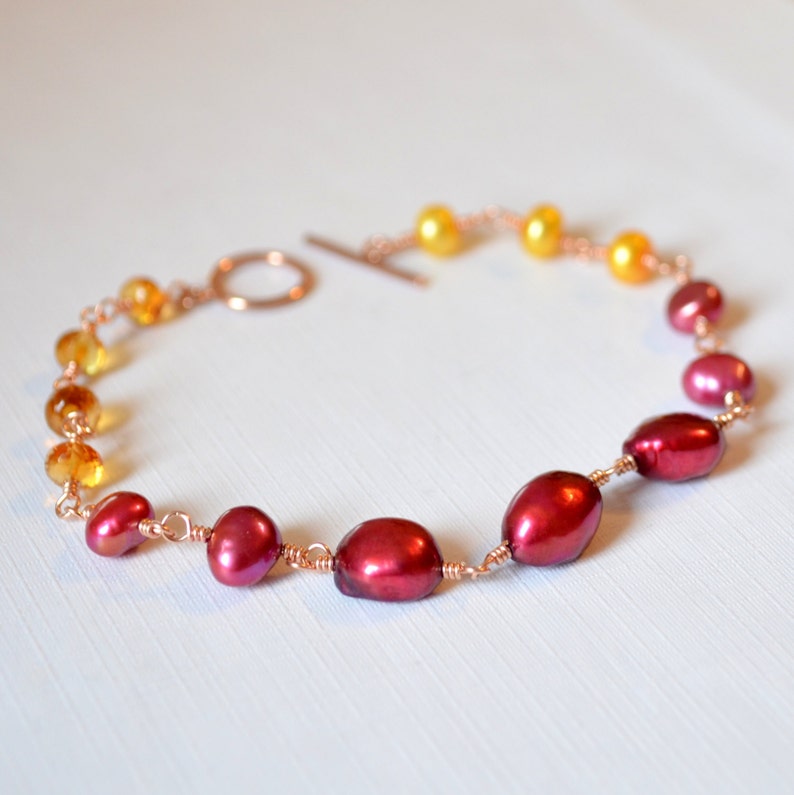 Yellow Pearl Jewelry Wire Wrapped Rose Gold Made to Order Fuchsia Cranberry Red Real Gemstone Pearl and Citrine Bracelet