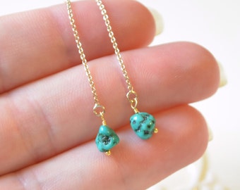 Turquoise Threader Earrings: Genuine Aqua Gemstone, Sterling Silver or Gold