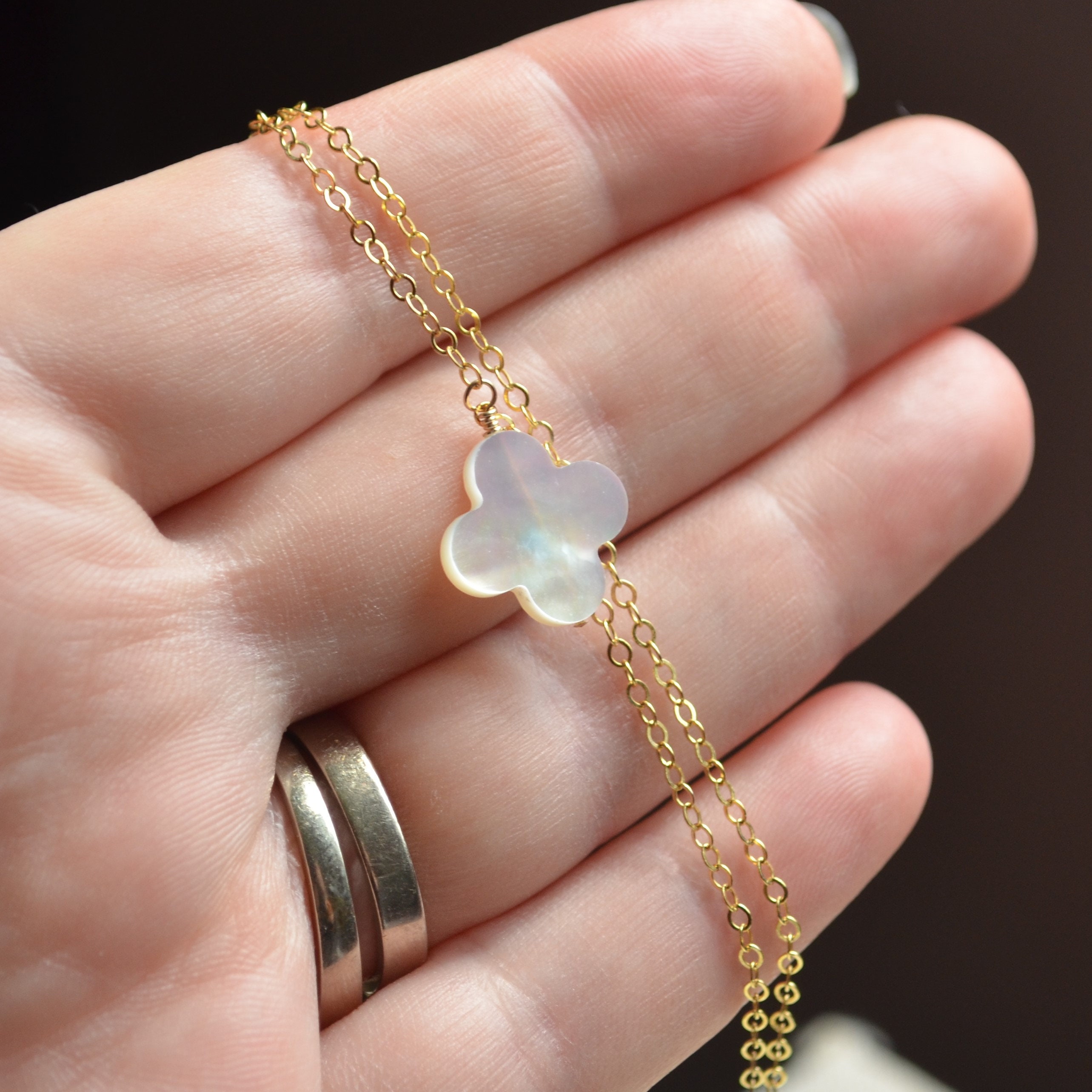 マザーオブパール クローバーネックレス：14Kゴールドフィルド ダブル