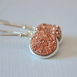 Rose Gold Druzy Earrings in Sterling Silver, Natural Crystals, Copper Colour, Real, Genuine, Sparkly Stones, Simple Drops
