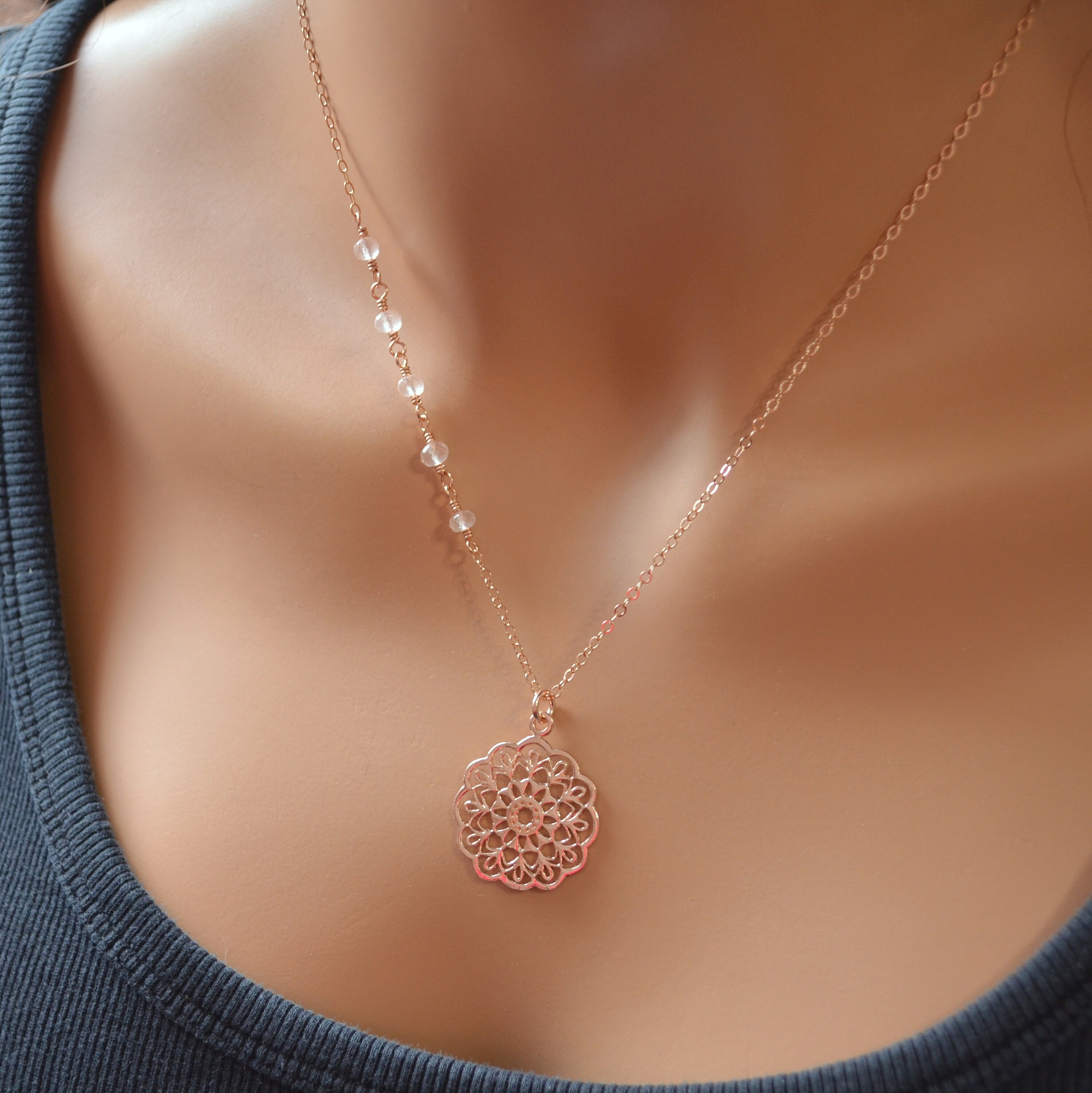 Rose Gold Mandala Necklace Rose Quartz 