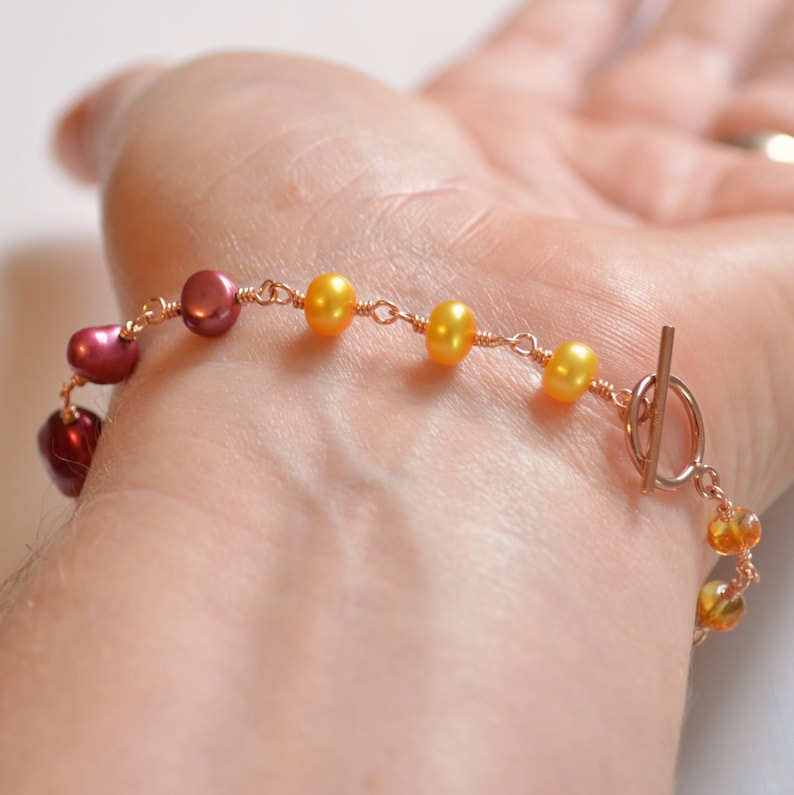 Yellow Pearl Jewelry Wire Wrapped Rose Gold Made to Order Fuchsia Cranberry Red Real Gemstone Pearl and Citrine Bracelet