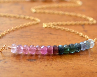Tourmaline Gemstone Necklace, Pink and Blue Green, Indicolite Teal, Row, October Birthstone, Gold Jewelry, Free Shipping
