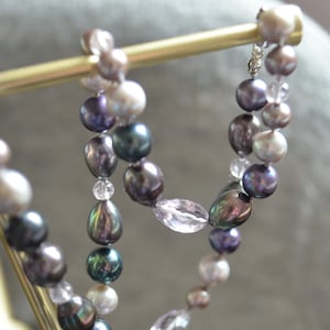 Peacock Pearl Necklace, Hand Knotted with Silk Cord, Pink Amethyst Gemstone, Sterling Silver Magnetic Clasp, Elegant Jewelry for Women