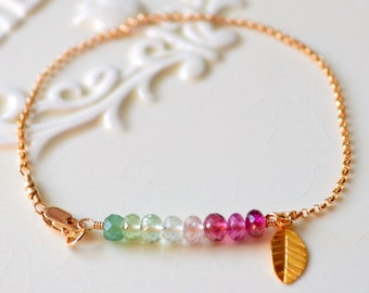 Tourmaline Bracelet, Gold Filled, Simple Jewelry, Green and Pink Shade, Genuine AAA Gemstones, Leaf Charm, Rolo Chain, Free Shipping