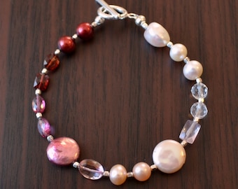 Valentine Jewelry, Beaded Bracelet, Gemstone and Freshwater Pearl, Red and Pink, Garnet, Rose Quartz, Sterling Silver - Free Shipping