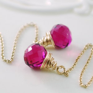 Pink Ohrringe, Quarz Edelstein Einfädler, AAA Zwiebel, Hell Fuchsia, Zarte Luxe, Wire Wrapped, Gold Schmuck, Kostenloser Versand Bild 2