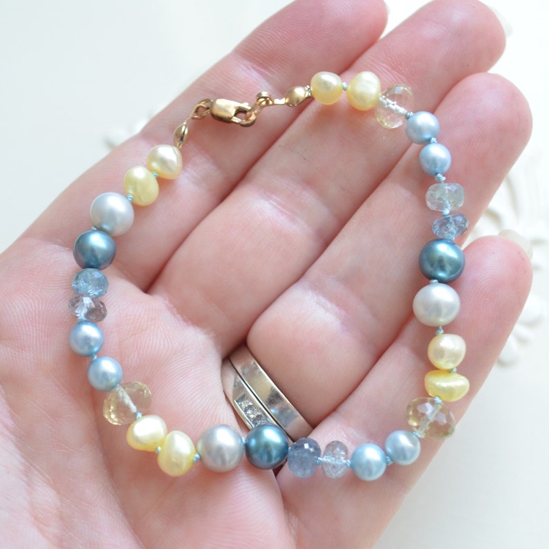 Gemstone and Pearl Bracelet with Moss Aquamarine and Lemon Quartz, Hand Knotted Jewelry, Rose Gold Filled, Aqua Silk Cord, Blue and Yellow image 10