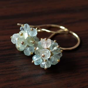 Reserviert - Kundenspezifische Cluster Ohrringe mit Rosenquarz, Pink Topaz und Pink Turmalin in Gold