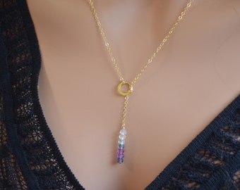 Simple Lariat Necklace, Gold Filled Chain or Sterling Silver, Fluorite Gemstones, Multicolor, Layering Piece, Modern Jewelry for Women