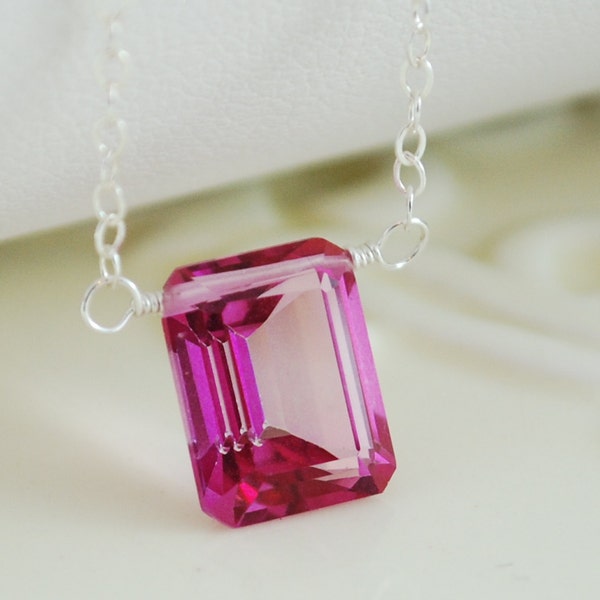 Hot Pink Topaz Necklace Emerald Cut AAA Gemstone Fuchsia Modern Sterling Silver Jewelry Complimentary Shipping