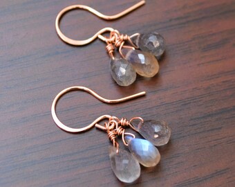 Labradorite Earrings, Rose Gold Jewelry, Genuine Gemstone Teardrop, Tear Drop Dangle, Pink Goldfilled Ear Hooks