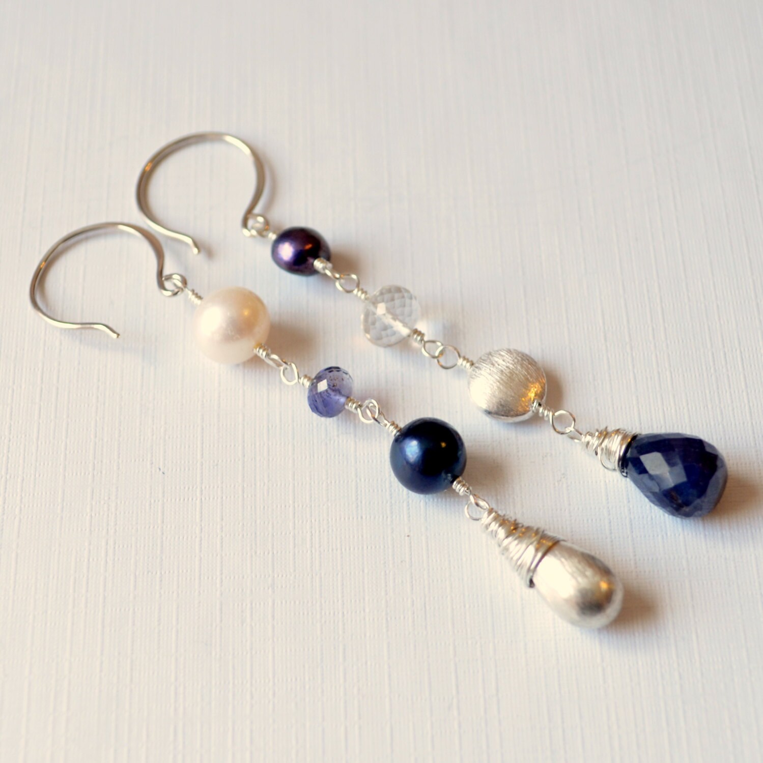 Sapphire Earrings, Mismatched Earrings, Sterling Silver, Real Pearl, Crystal Quartz, Gemstone Jewelry, Made to Order, Mismatch Earrings