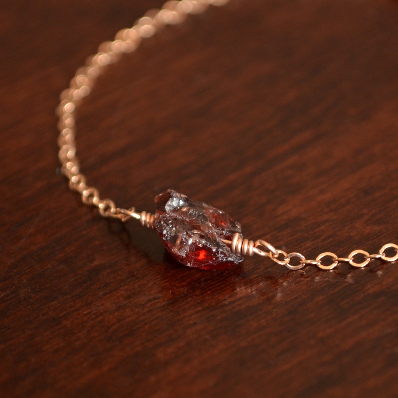 Raw Garnet Bracelet, Red Gemstone, Real Genuine Stone, Dainty Rose Gold Chain, January Birthstone Jewelry, Free Shipping image 2