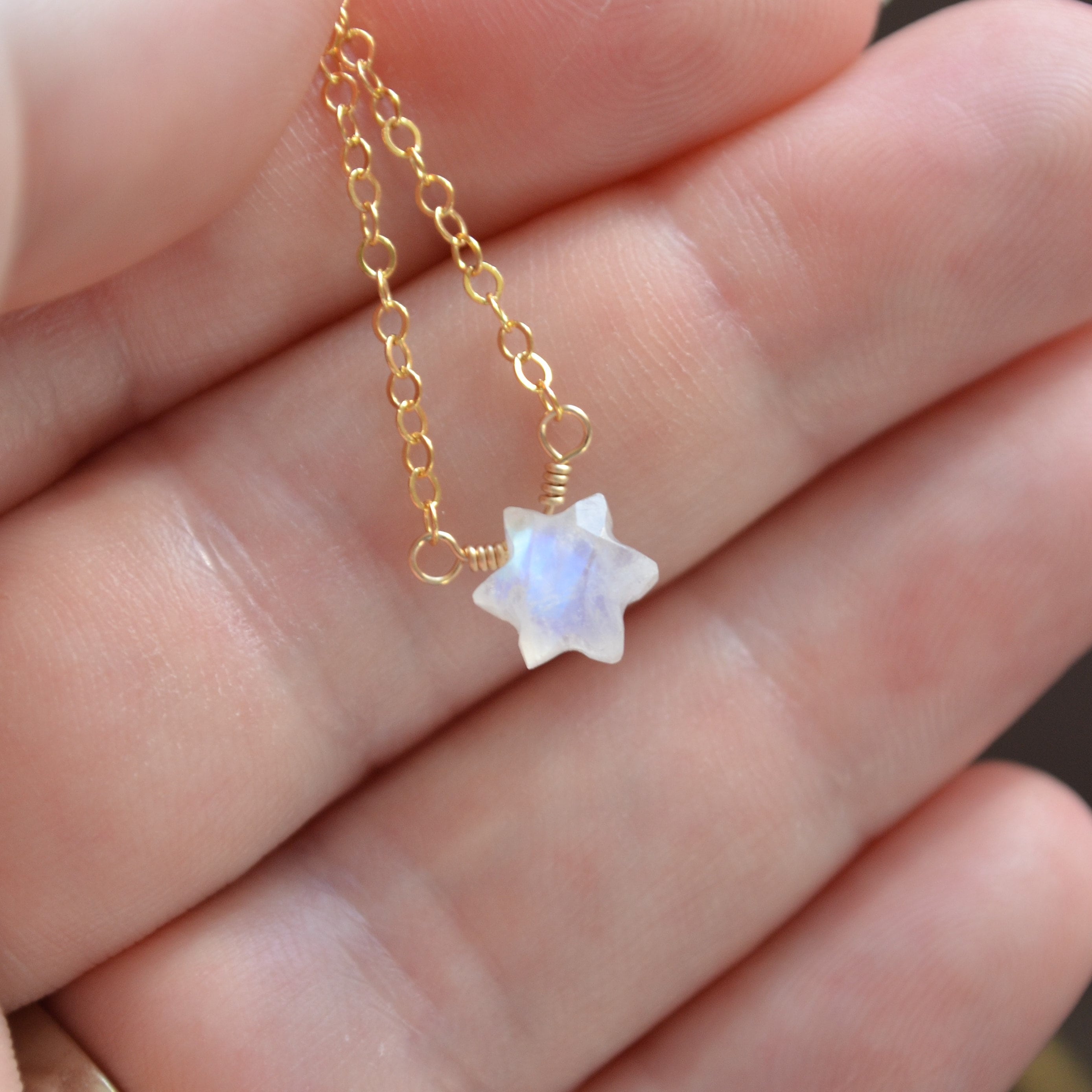 Dainty Star Necklace: Rainbow Moonstone, Gold-filled or Sterling
