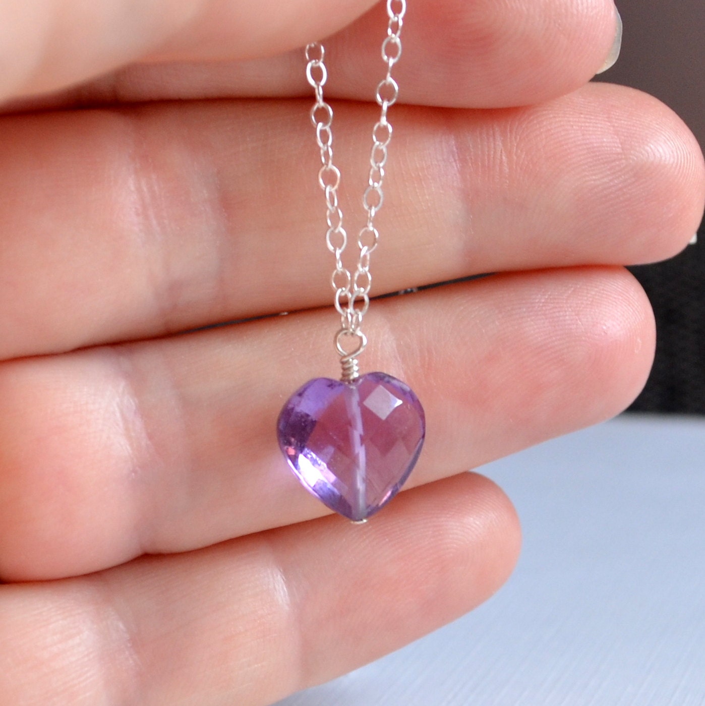 Amethyst Heart Necklace, Sterling Silver, Purple, February Birthstone, Anniversary Gift for Her, Genuine Gemstone, Jewelry for Women