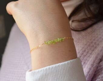 Real Peridot Bracelet, Gold Filled Jewelry, Bracelet for Women, Gemstone Chips, Genuine Stone, Dainty Jewelry, August Birthstone Gift