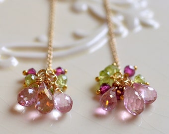 Gemstone Earrings, Gold Threader Earrings, Pink Topaz Peridot Rhodolite, Spring Colors, Sterling Silver or Gold Jewelry, Made to Order