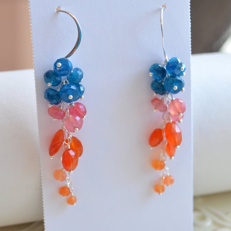 Colorful Cluster Earrings, Apatite, Bright Orange Carnelian Gemstone Earings, Sterling Silver Jewelry, Free Shipping image 3