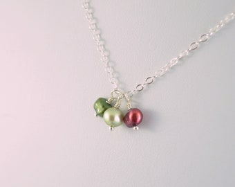 Holiday Necklace, Freshwater Pearl Jewelry, Red and Green, Adjustable Length, Wire Wrapped, Sterling Silver, Christmas Gift for Girls