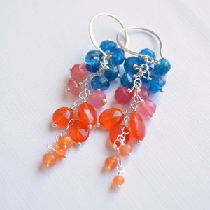 Colorful Cluster Earrings, Apatite, Bright Orange Carnelian Gemstone Earings, Sterling Silver Jewelry, Free Shipping image 1