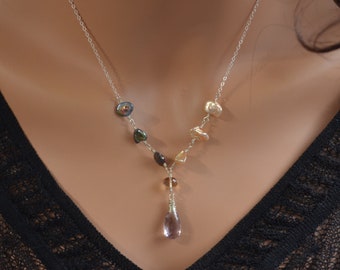 Ametrine Necklace with Champagne and Peacock Keishi Pearls, Sterling Silver, Genuine Gemstone, Real Freshwater Jewelry, Free Shipping