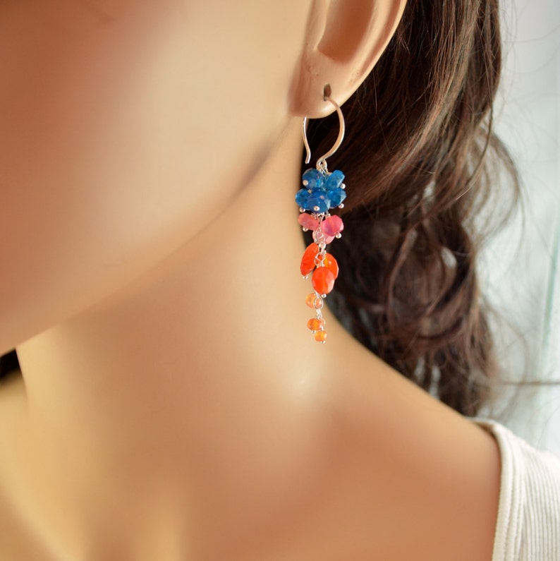 Colorful Cluster Earrings, Apatite, Bright Orange Carnelian Gemstone Earings, Sterling Silver Jewelry, Free Shipping image 2