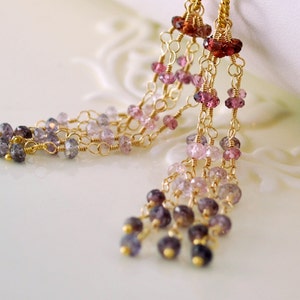 Long Gemstone Earrings, Tassel Earrings, Genuine Spinel Garnet, Berry Colors, Wire Wrapped, Silver or Gold Jewelry, Made to Order