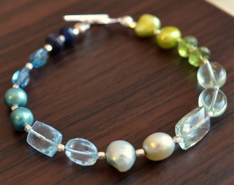 Blue and Green Beaded Bracelet, Real Freshwater Pearl, Blue Topaz Gemstone, Green Amethyst, Peridot, Sterling Silver - Free Shipping