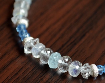 Blue Gemstone Bracelet, Moonstone Jewelry, Aquamarine. Herkimer Diamond, Sterling Silver, Winter Wedding Jewelry, Beaded Bracelet