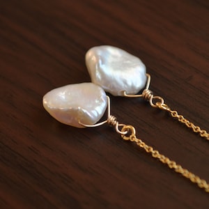 Pearl Threader Earrings, Real Freshwater Pearls, White Keshi, Genuine Fresh Water, Long Gold Threader Earrings, June Birthstone Jewelry
