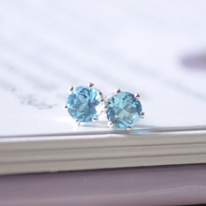 Stud Earrings Silver, Blue Topaz Studs, Gemstone Stud Earrings, Sterling Silver Post Earrings, December Birthstone Jewelry, Birthday Gift