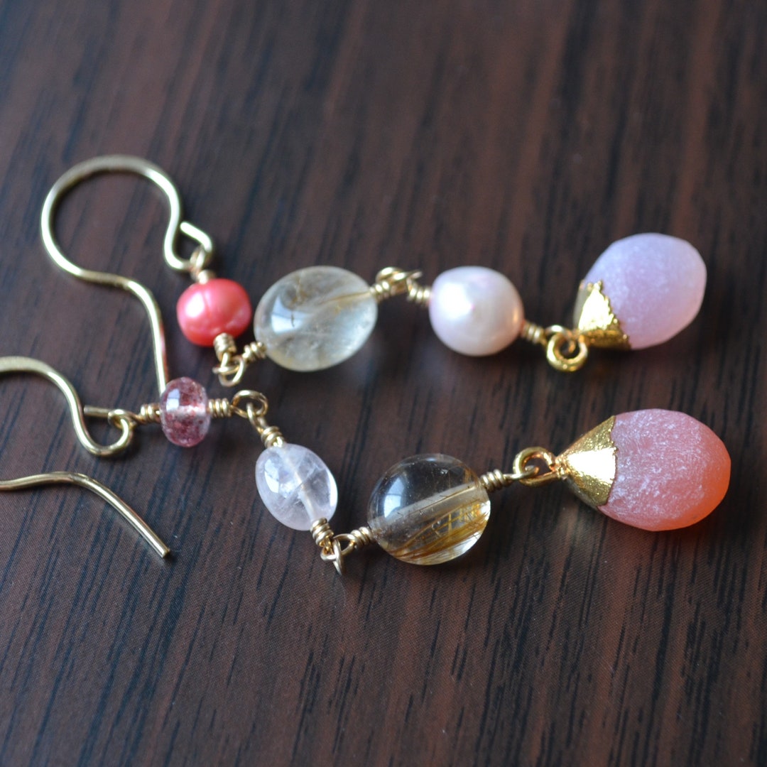 Pink Mismatched Earrings, Gold Filled, Chalcedony, Golden Rutilated Quartz, Pearl