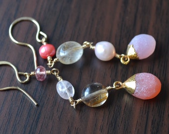 Pink Mismatched Earrings, Gold Filled, Chalcedony, Golden Rutilated Quartz, Morganite, Pearl, Real Gemstones, Unmatched, Jewelry for Women