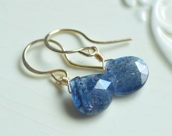 Real Kyanite Earrings, Drop, Genuine Gemstones, Royal Blue Semiprecious Stone, Gold Filled Jewelry for Women, Free Shipping