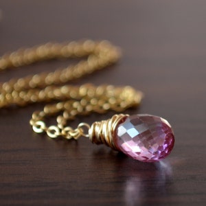 Simple Wire Wrapped Necklace with Pink Topaz Pendant, Gold Filled, Orchid Pink Gemstone Teardrop, Dainty Jewelry for Women, Gift for Her