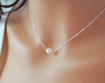 Zoet water Pearl choker ketting, zwevend, wit, enkele parel ketting, neutrale natuurlijke minimalistische, eenvoudige Sterling zilveren sieraden