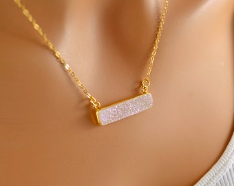 White Druzy Necklace, Gold Filled, Raw Rainbow Crystal Drusy Pendant, Bar Necklace, Simple Jewelry, Free Shipping