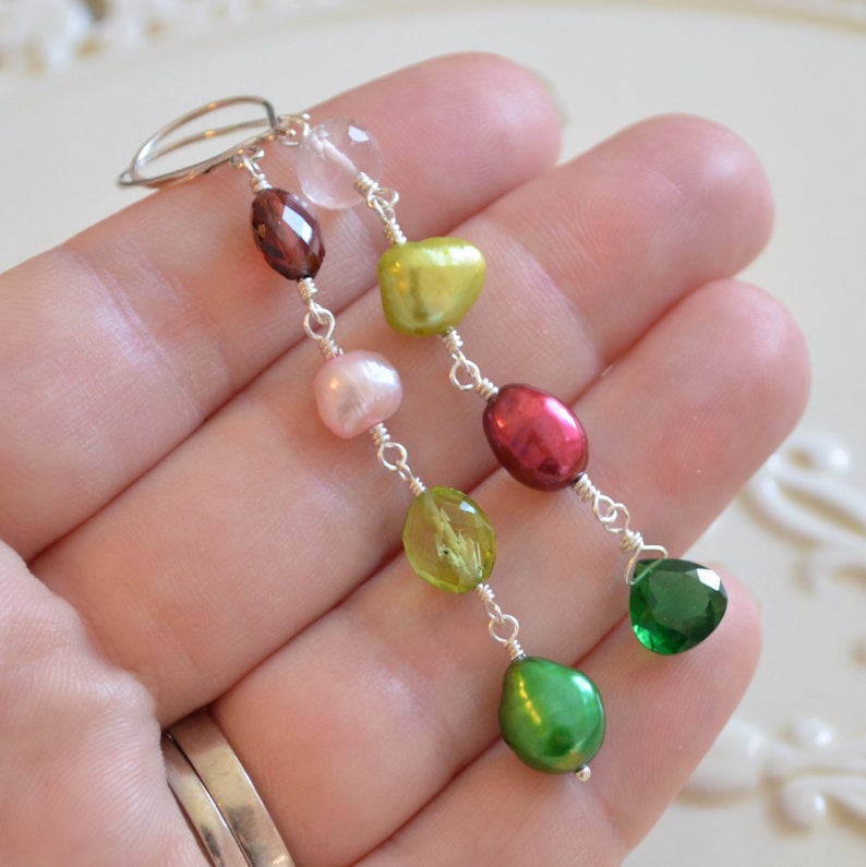 Mismatched Earrings in Sterling Silver or Gold, Fun Holiday Jewelry, Mismatch Earrings, Peridot Garnet Rose Quartz and Pearl image 5