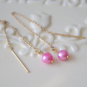 Dainty Pearl Threader Earrings, Real Freshwater Pearls, Gold Threader Earrings, Sterling Silver Jewelry - Choose Your Color