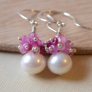 Ruby Earrings, Real Gemstones, Drop Pearl Earrings, July Birthstone, Sterling Silver Jewelry, Valentine, Made to Order, Free Shipping