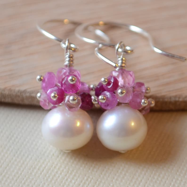 Sterling Silver Jewelry Real Gemstones Free Shipping Made to Order July Birthstone Ruby Earrings Valentine Drop Pearl Earrings