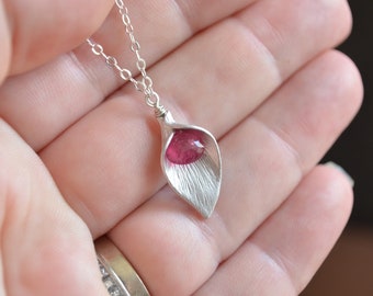 Calla Lily Necklace, Pink Tourmaline Gemstone, Sterling Silver, Elegant Gem Stone Jewelry, October Birthstone, Floral Spring Fashion